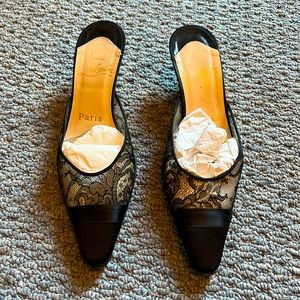 Christian Louboutin Black Lace Mule with Kitten Heel, Size 5.5 (35.5)